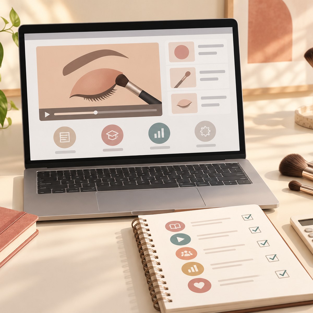 Illustration of an online makeup lesson beside brushes, a checklist, and a calculator