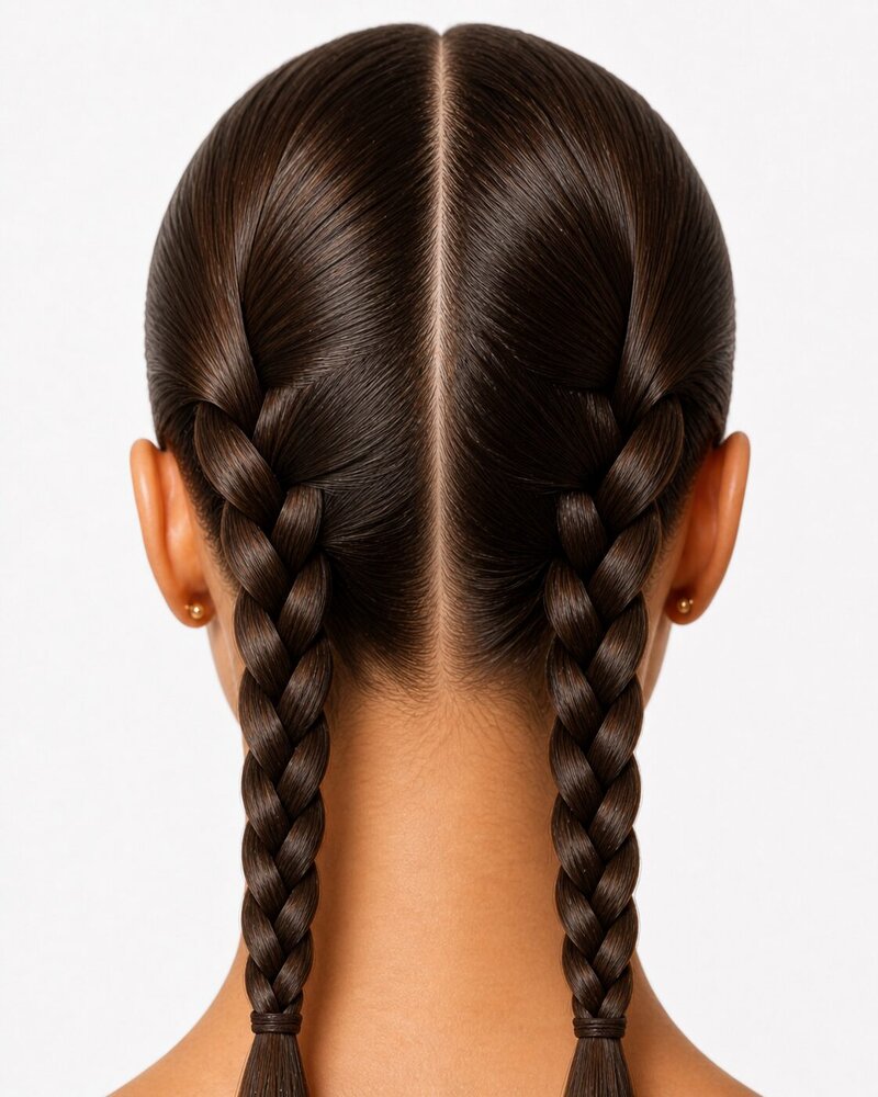 Two braided pigtails parted down the middle for school