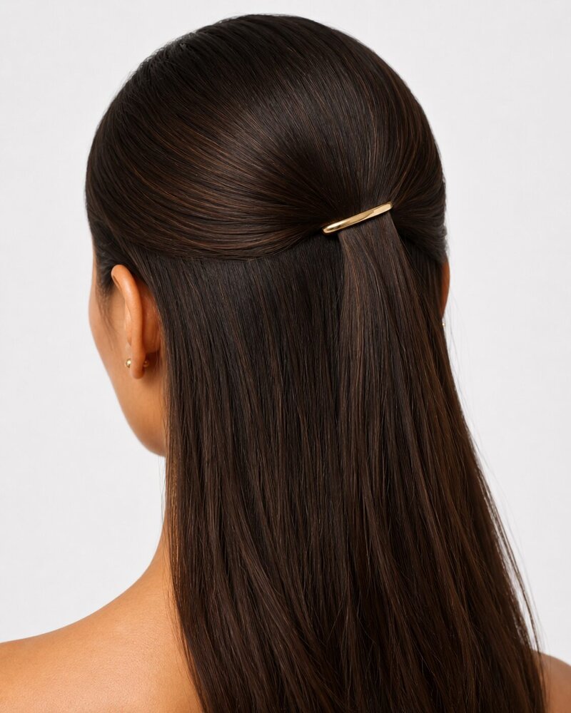 Decorative pin securing hair section pulled back from the face