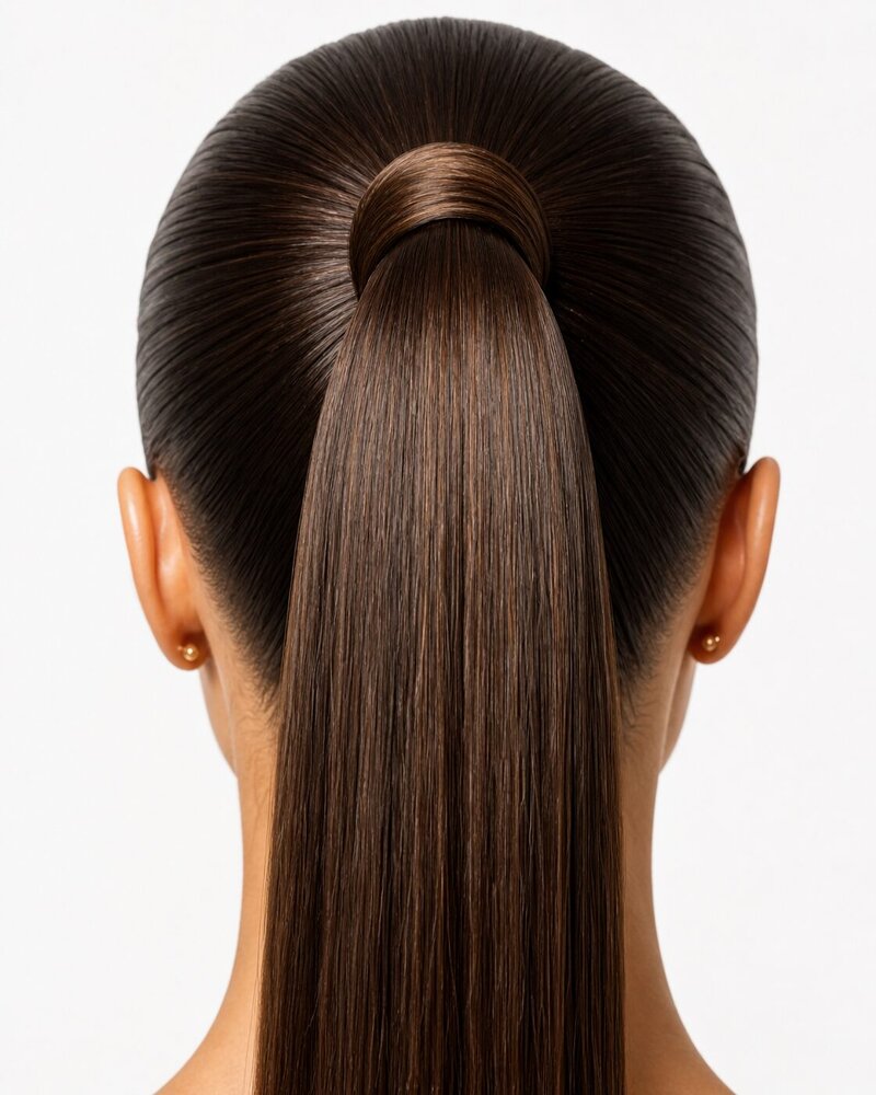 Sleek high ponytail with elastic wrapped at base for school
