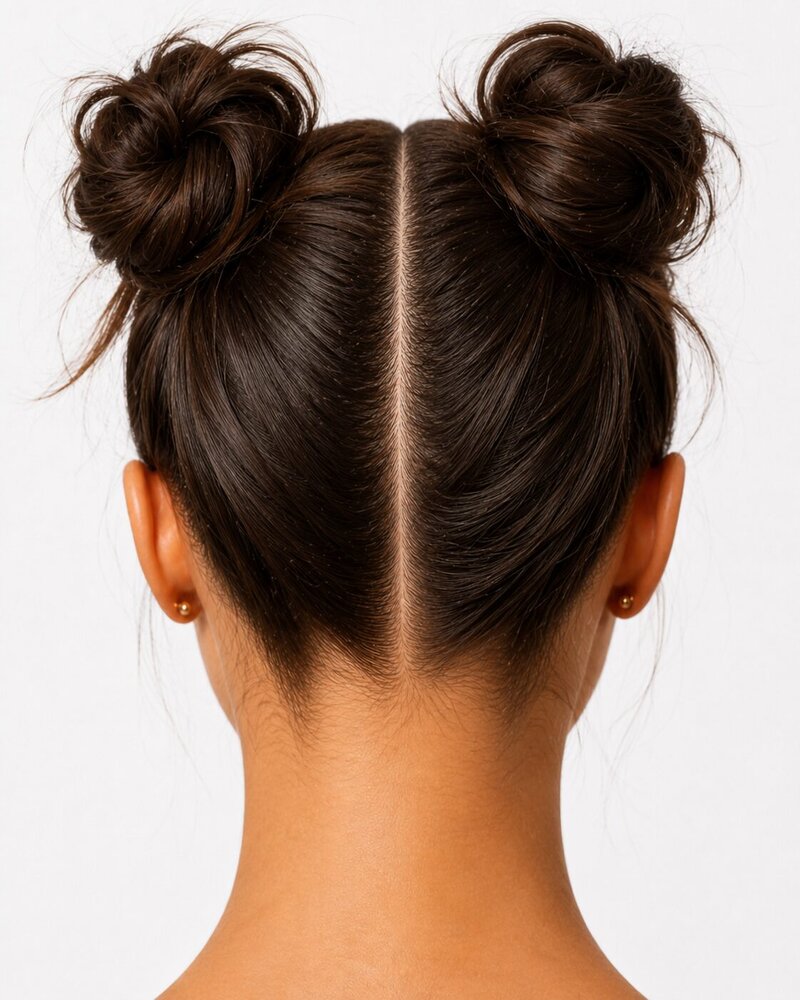 Two space buns positioned high on either side of the head