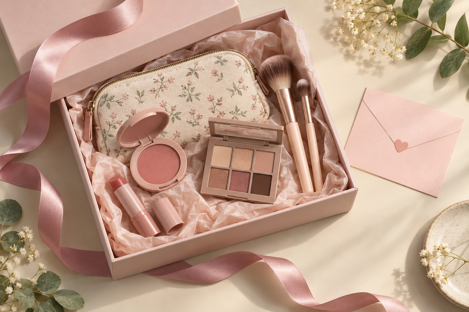 Unbranded makeup items arranged in a pastel gift box